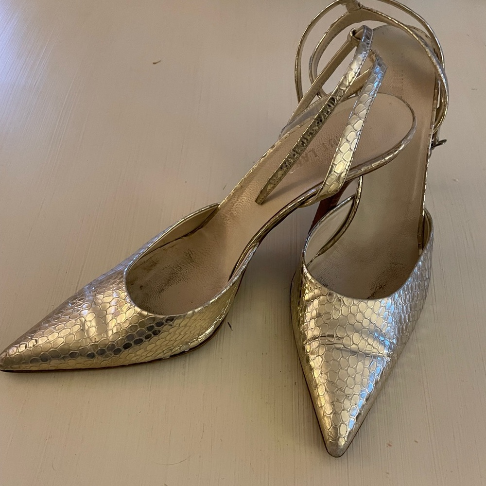 Helmut Lang Metallic Gold Snakeskin Heel with Strap, Size 36 1/2